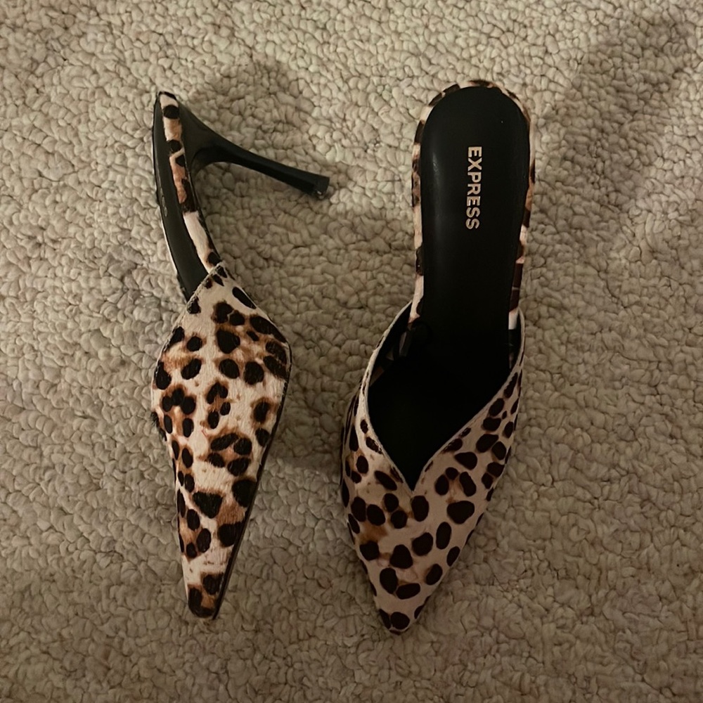 Express Genuine Calf Hair Leopard Heeled Mules